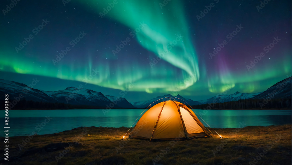 A glowing tent by a calm tranquil lake with the beautiful northern lights dancing in the sky