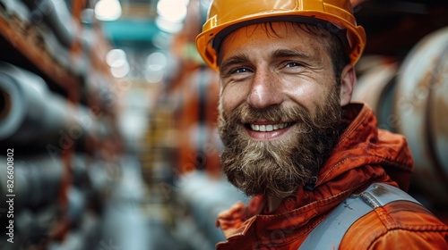 Shot of a handsome young bearded factory worker in uniform holding protective hardhat smiling joyfully to the camera posing © Adi