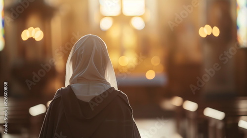 Nun in a church on a blurred background of a large cross, Rear view photo