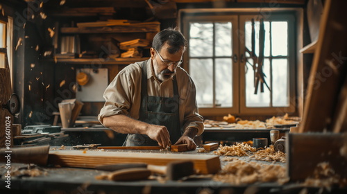 skilled carpenter in a workshop, surrounded by tools and wood shavings, crafting with precision photo