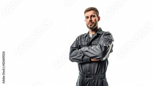 skilled mechanic in work overalls, photographed against a white backdrop, ready to fix any vehicle