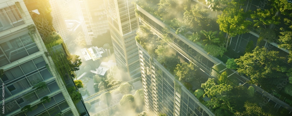 The photo depicts a futuristic city with skyscrapers covered in lush ...
