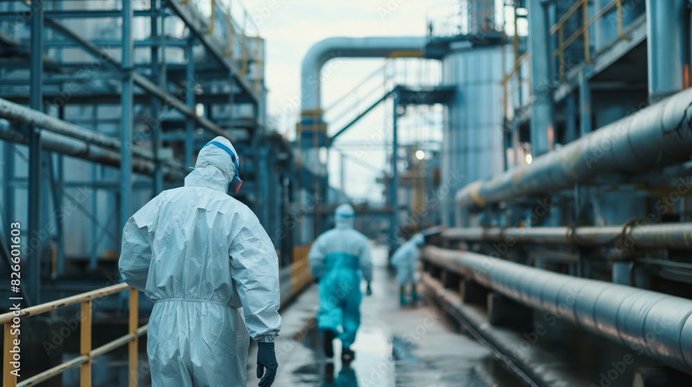 Workers wearing protective suits inspecting pipelines in an industrial facility