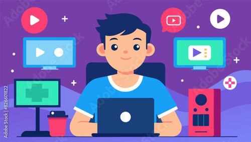 A teenage boy creating a sponsored vlog about the latest video game release showcasing its features and gameplay while encouraging his followers to. Vector illustration