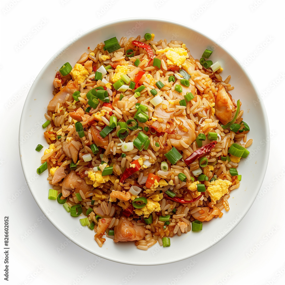Egg fried rice with chicken on a white background Egg fried rice with chicken on a white background