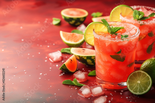 Refreshing watermelon mojito cocktail with lime and mint on red background photo