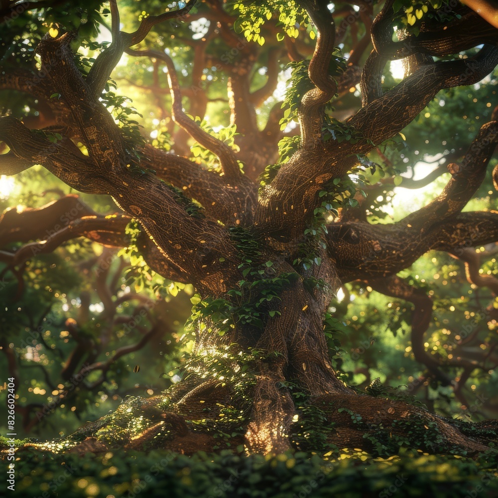Fototapeta premium The photo shows a large tree with many branches and green leaves. The sun shines through the leaves.