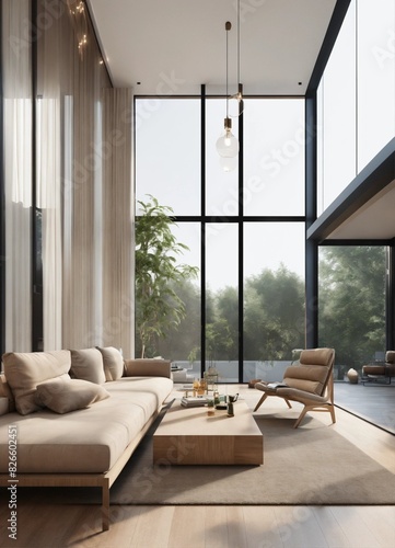 Salon moderne avec grandes baies vitrées, canapé beige, fauteuil en bois, table basse en bois, tapis neutre et décoration minimaliste avec vue sur jardin extérieur photo