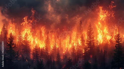A forest ablaze with fire, trees consumed by flames spreading rapidly through the woodland. photo