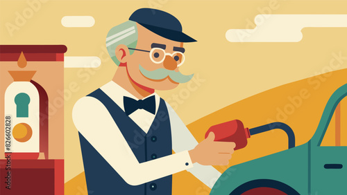 An older gentleman in a vintage uniform complete with a bowtie and suspenders worked diligently to fill up a customers car with the requested amount. Vector illustration