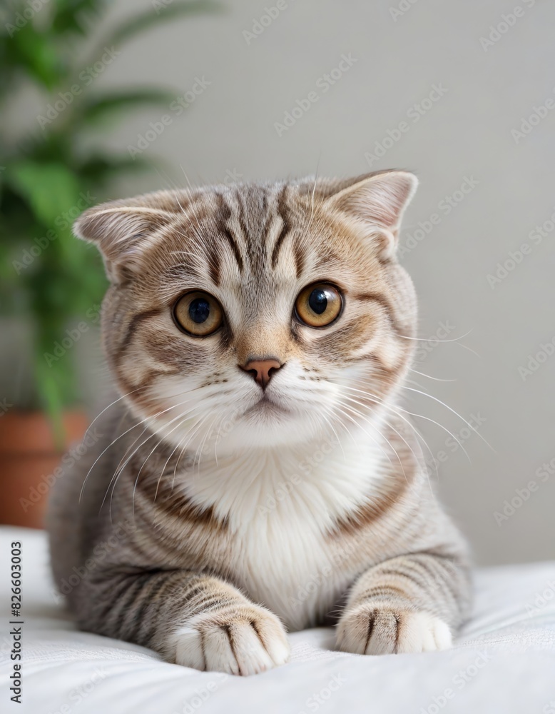 A close-up portrait of a cute scottish fold, a cat, curled up on a comfy bed Generative AI A close-up portrait of a cute scottish fold, a cat, curled up on a comfy bed Generative AI