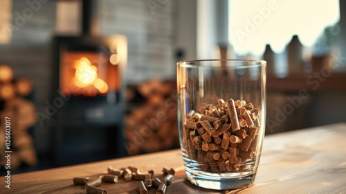 Wood pellet in a glass with a stove in the background