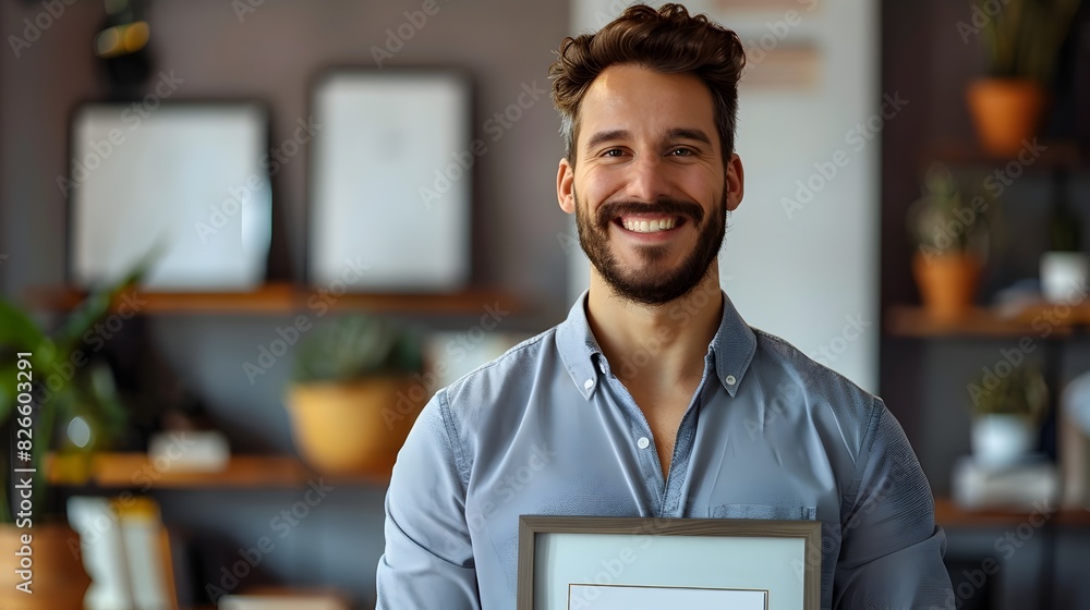 Proud Business Leader Holding Framed Achievement Certificate in Modern Office Interior Proud Business Leader Holding Framed Achievement Certificate in Modern Office Interior