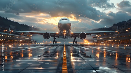 An airplane taking off from an airport runway, symbolizing air travel and aviation industry List of Art Media Photograph inspired by Spring magazine photo