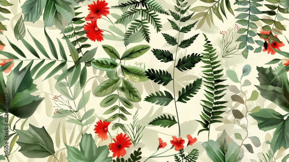 Botanical pattern with ferns, leaves, and flowers Botanical pattern with ferns, leaves, and flowers