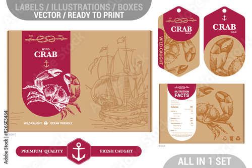 Crab seafood Premium quality package design set featuring modern hand drawn illustrations and labels set. Seafood in old cartoon style