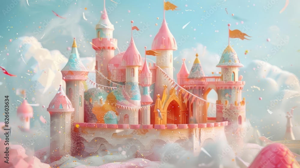Whimsical fairy tale castle surrounded by clouds, with colorful turrets and flags. Ideal for fantasy and children's book illustrations. Whimsical fairy tale castle surrounded by clouds, with colorful turrets and flags. Ideal for fantasy and children's book illustrations.