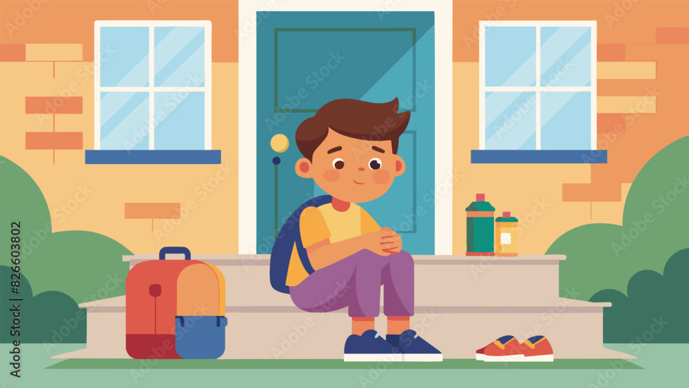 A little boy sits on the front steps of his house his backpack overflowing with colorful school supplies eagerly waiting for the school bus to arrive.. Vector illustration