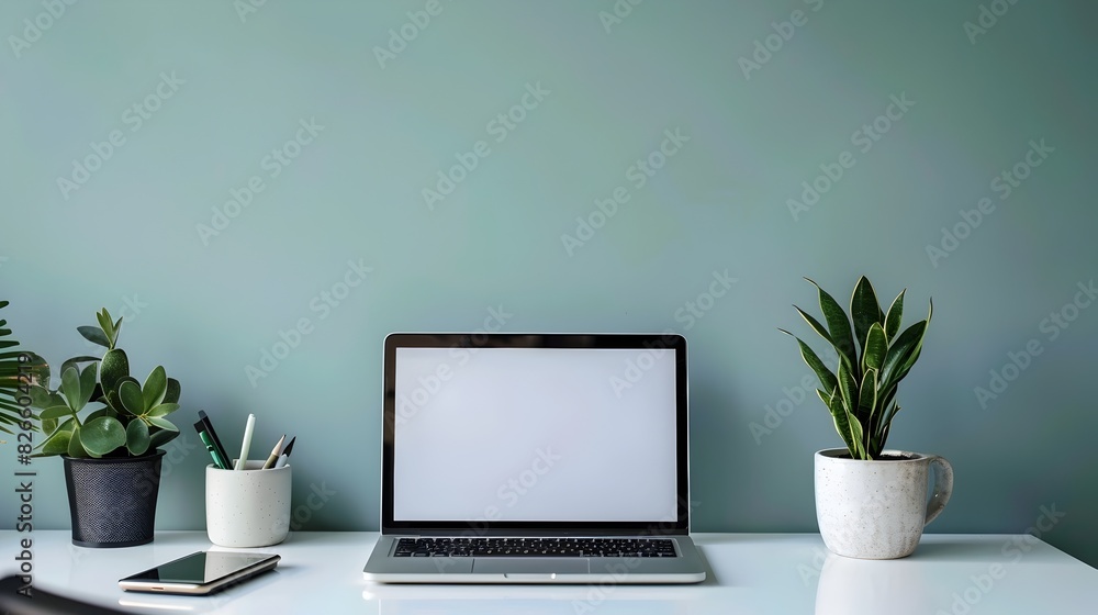 Cozy and Productive Laptop Workspace with Lush Greenery Accents Cozy and Productive Laptop Workspace with Lush Greenery Accents