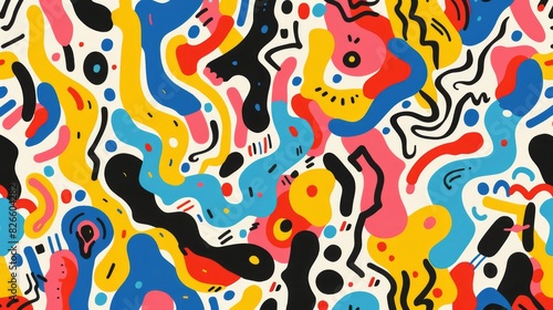 Funky abstract pattern with colorful shapes and squiggles