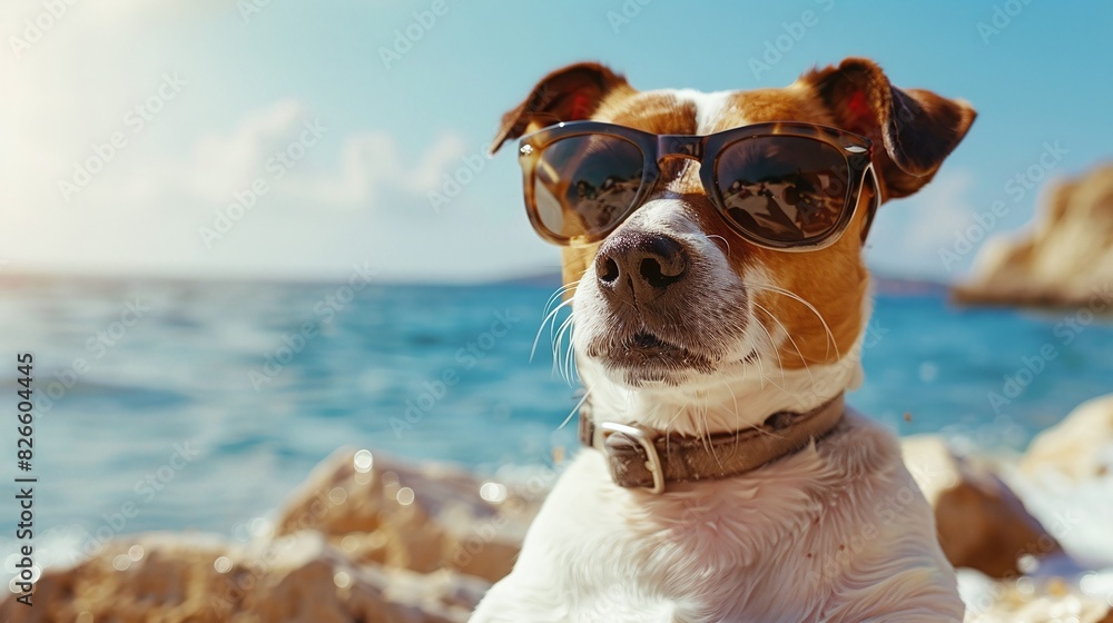 Dog wearing sunglasses relaxing by the sea on a sunny summer day