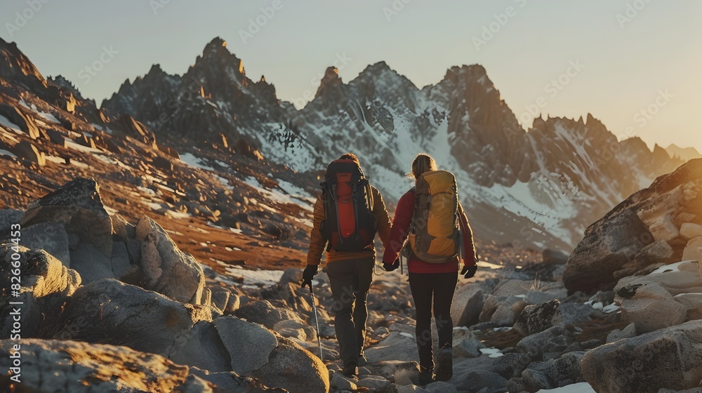 Intrepid Explorers Trekking Through Majestic Alpine Landscape with Towering Peaks and Rugged Terrain
