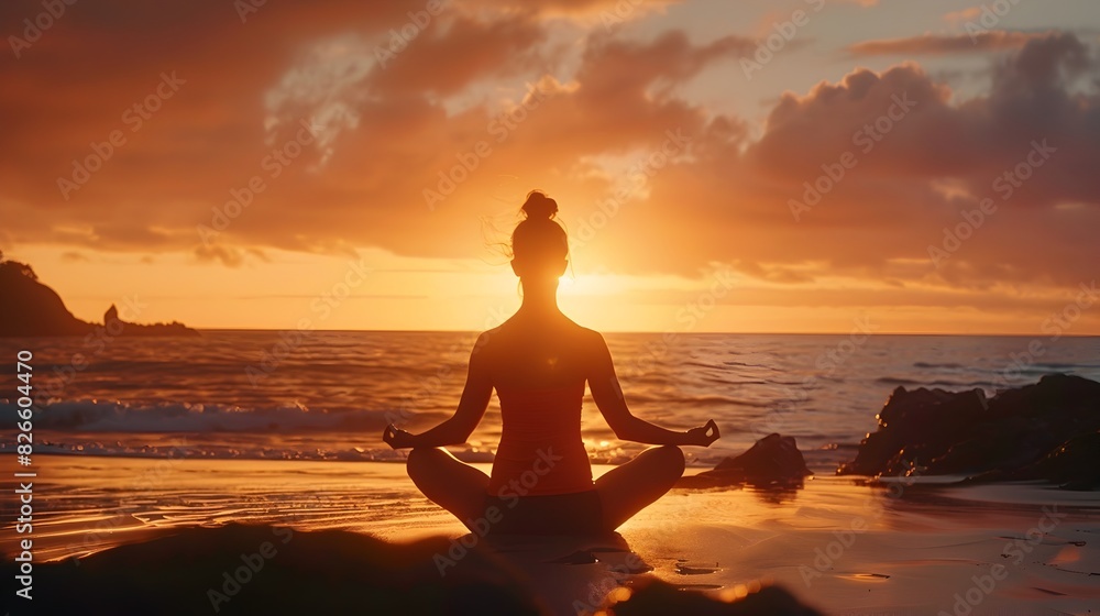 Silhouetted Meditator Reflects on Fiery Sunset by Ocean Shore Silhouetted Meditator Reflects on Fiery Sunset by Ocean Shore