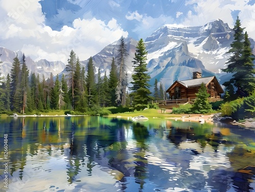 Majestic Snow Capped Mountains Reflected in a Serene Lake with a Cozy Rustic Cabin Nestled in the Forested Wilderness