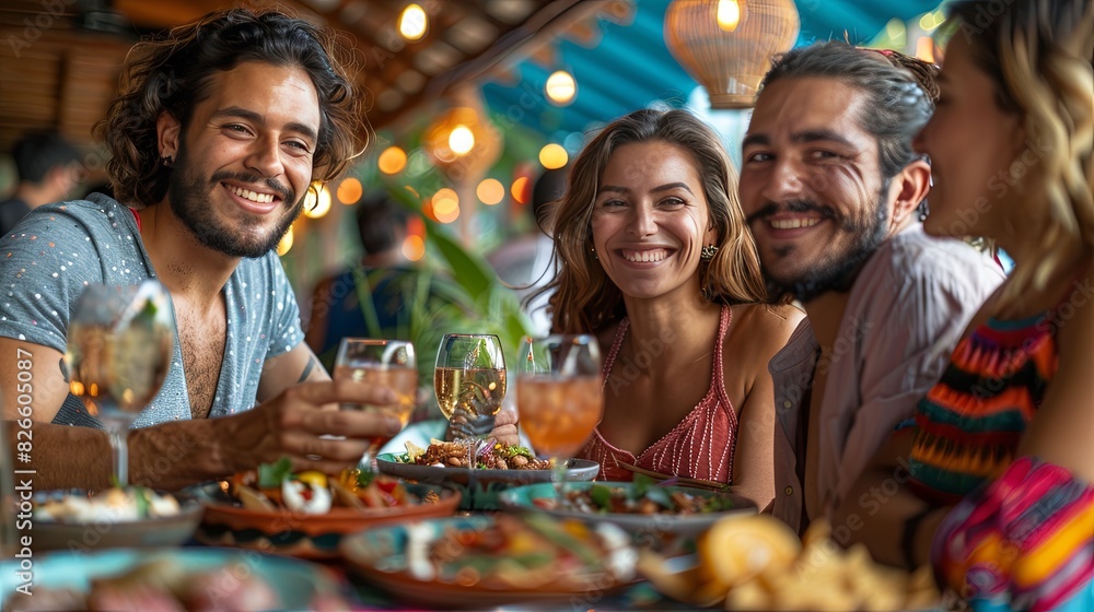 Diverse Multicultural Group of Friends Enjoying Food in Restaurant Diverse Multicultural Group of Friends Enjoying Food in Restaurant