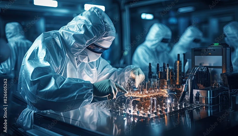 Scientists in protective suits conduct experiments in a modern laboratory, working with advanced technology and laboratory equipment. Scientists in protective suits conduct experiments in a modern laboratory, working with advanced technology and laboratory equipment.