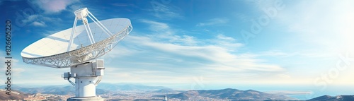 Large satellite dish antenna under a clear blue sky in a mountainous region, representing communication and technology advancements.