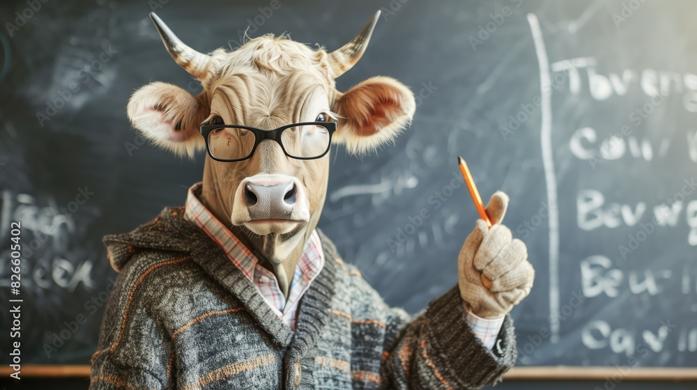 Despite the blurred face, a figure with bull features holds a pencil in front of a chalkboard, giving an educational theme Despite the blurred face, a figure with bull features holds a pencil in front of a chalkboard, giving an educational theme