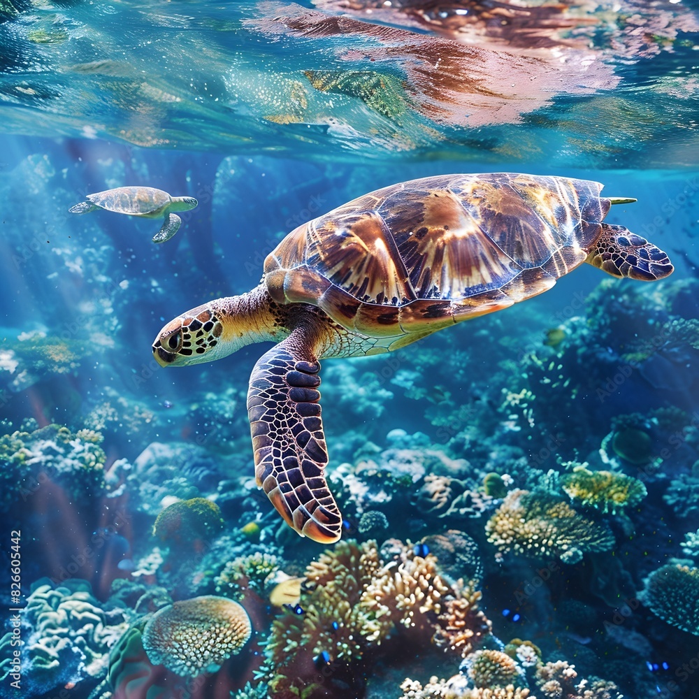 Majestic Sea Turtle Gliding Through Vibrant Coral Reef Underwater Majestic Sea Turtle Gliding Through Vibrant Coral Reef Underwater