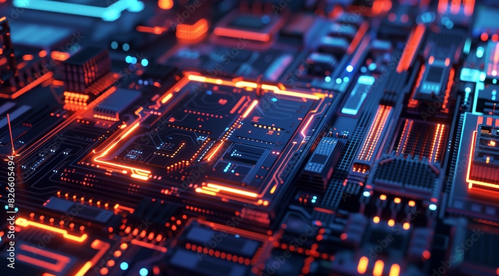 Detailed image of a motherboard's circuitry showing orange illumination, suggestive of activity Detailed image of a motherboard's circuitry showing orange illumination, suggestive of activity