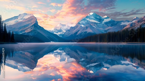Majestic Mountainous Landscape Reflecting in Serene Lake at Vibrant Sunrise Sunset