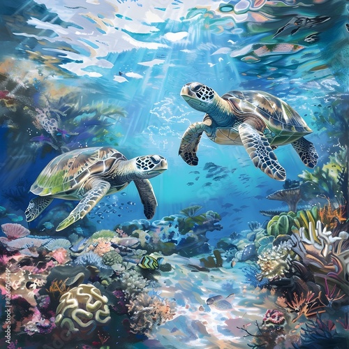 Stunning Underwater Seascape with Vibrant Coral Reef and Graceful Sea Turtles