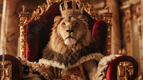 Majestic lion with a human-like pose  wearing a crown and seated on an ornate throne  imbuing royalty