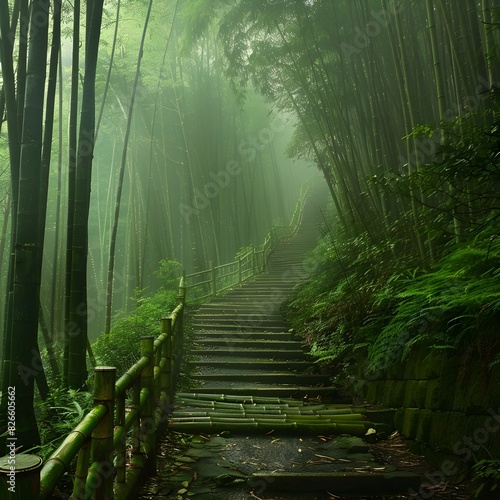 Enchanted Forest Pathway Winding Through Misty Green Landscape