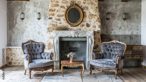 Two armchairs and a sofa near a fireplace in strict blue colours. French country interior design of a modern living room. The concept of a cosy, modern and respectable home.