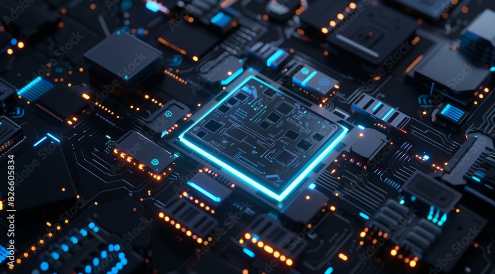 A close-up view of a glowing central processing unit within a complex circuit board highlighting modern technology A close-up view of a glowing central processing unit within a complex circuit board highlighting modern technology