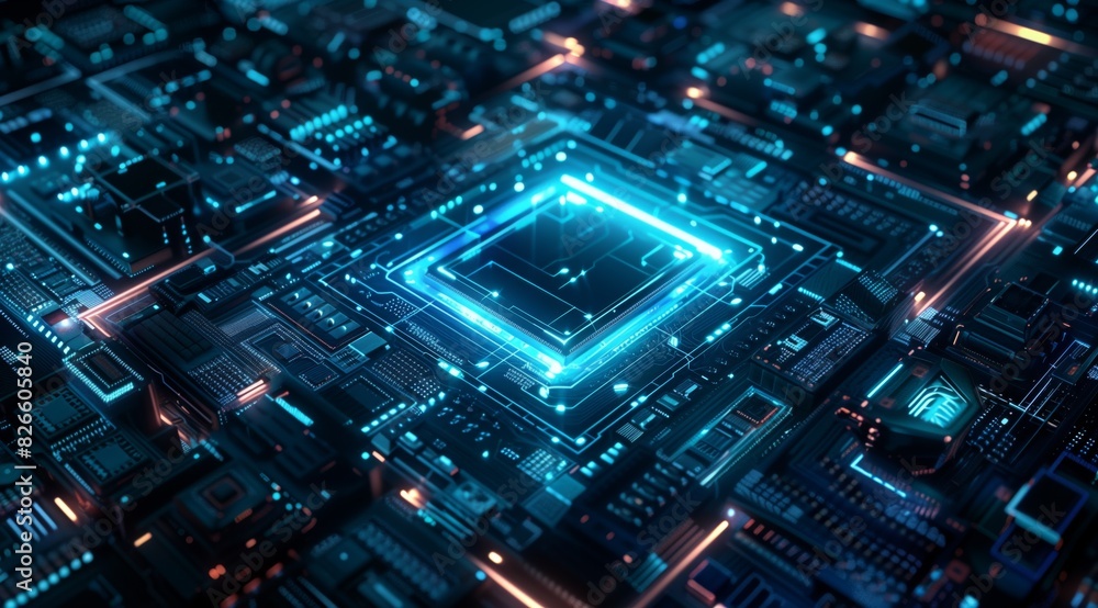 Detailed rendering of a microprocessor chip at the heart of a circuit board, illuminated in blue neon lights Detailed rendering of a microprocessor chip at the heart of a circuit board, illuminated in blue neon lights