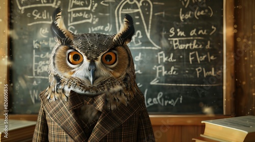 A wise owl in a scholarly outfit appears to lecture in front of a chalkboard covered in equations photo