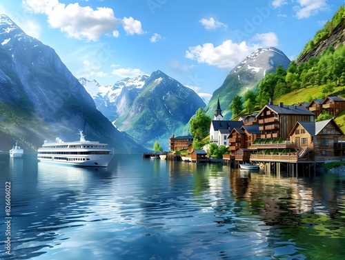 Stunning Landscape of Picturesque Fjord Village Nestled Among Majestic Mountains with Serene Reflections in Calm Lake Waters
