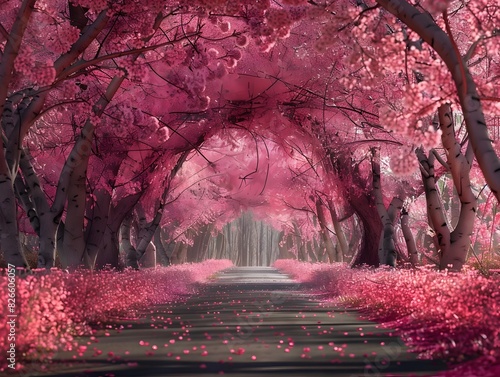 Enchanting Cherry Blossom Tunnel in Springtime Fairytale Landscape photo