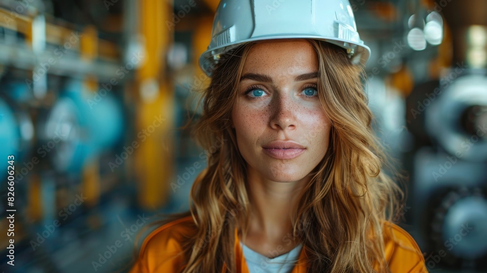 Female industrial engineer wearing a white helmet Female industrial engineer wearing a white helmet