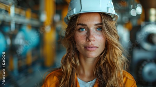 Female industrial engineer wearing a white helmet