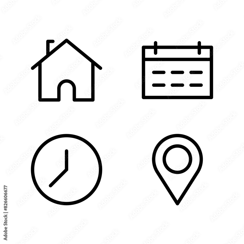 Time, date, house and address concept editable sweep outline icon set isolated on white background flat vector illustration. Time, date, house and address concept editable sweep outline icon set isolated on white background flat vector illustration.