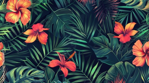 Tropical pattern with palm leaves and exotic flowers