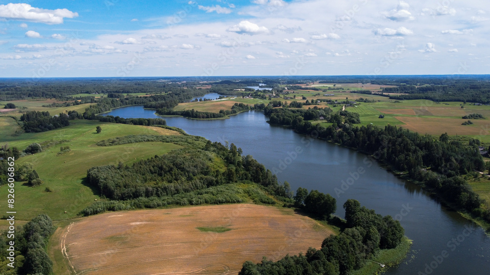 Aerial View of River, Fields, and Forests, Latvia, Daugavpils Aerial View of River, Fields, and Forests, Latvia, Daugavpils