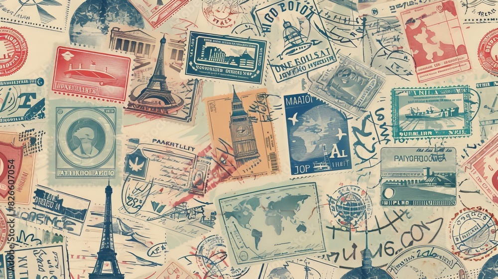 Naklejka premium Vintage travel stamps and postcards pattern
